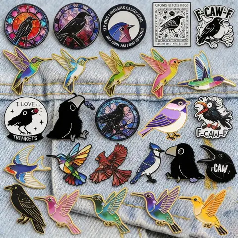 Colorful Crow & Hummingbird Enamel Pins Glass Style Bird Brooches for Backpacks Gothic Lapel Badges Jewelry Unique Gifts