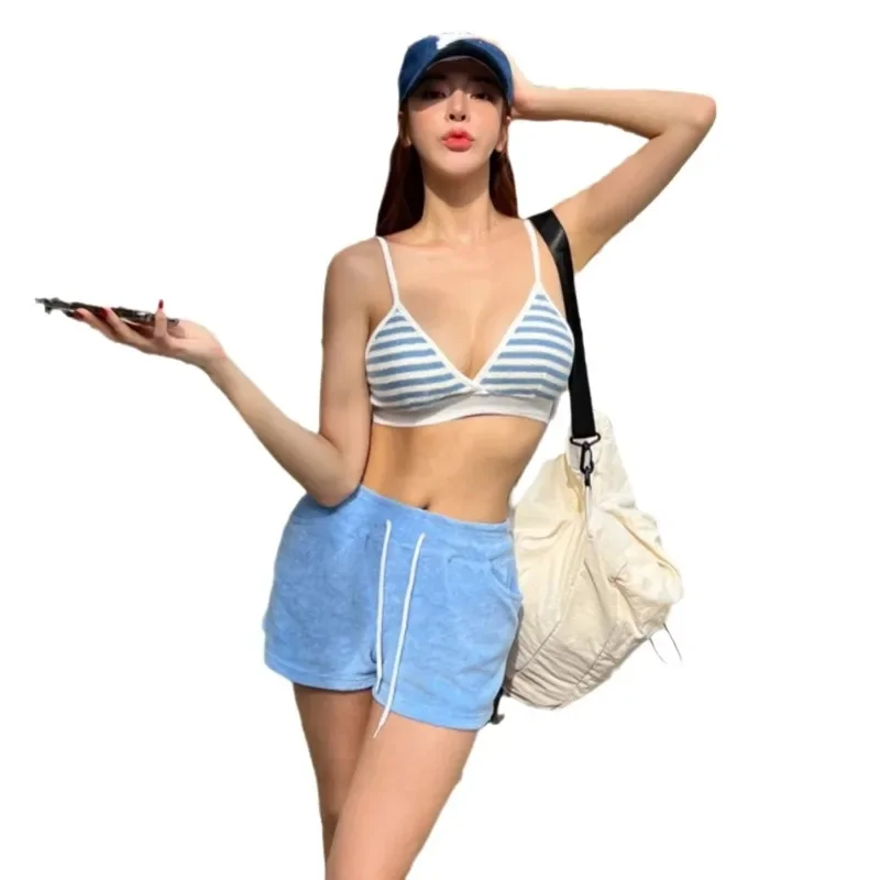 Nuovo bikini a righe blu pantaloncini a vita alta costume da bagno donna costumi da bagno abbigliamento da spiaggia costumi da bagno bikini coreano set piscina bagnante 2024