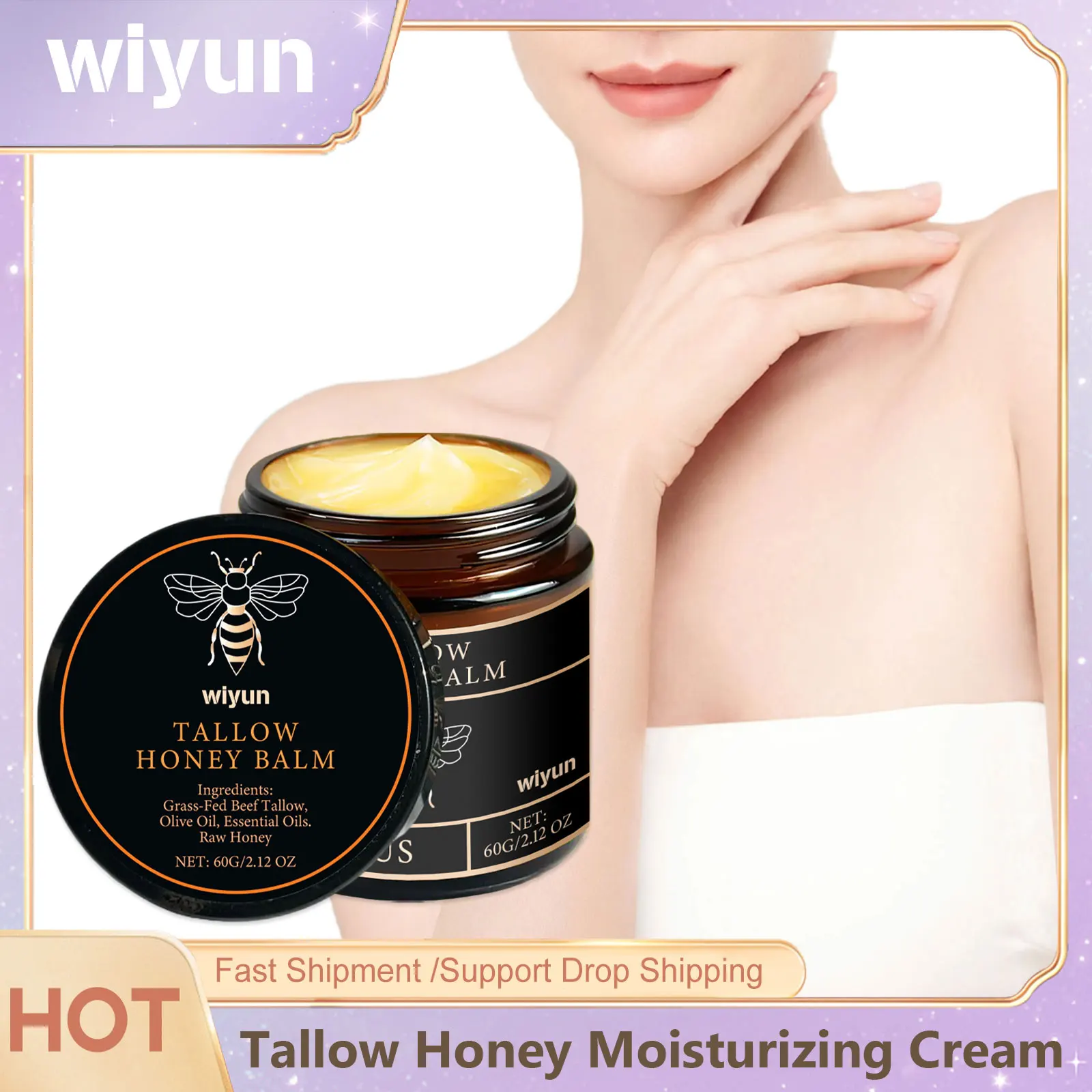 

Beef Tallow Honey Moisturizer Grass Fed Whipped Tallow Face Cream Body Lotion Non Greasy Nourishing Fast Absorption Skin Care