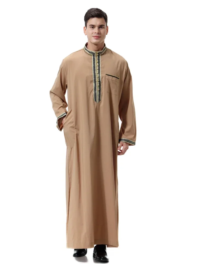 Muslim Men Jubba Thobe Mens Long Dress Islamic Applique Kimono Long Robe Saudi Musulman Wear Abaya Caftan Dubai Arab Dress 2024