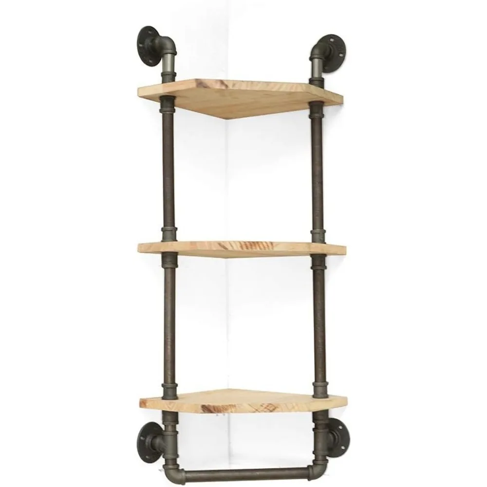 

Industrial Pipe Shelf, Rustic Corner Shelves with Towel Bar,Bathroom Shelves Wall Mounted,3 Tiered Metal&Real Wood Home Decor Fl