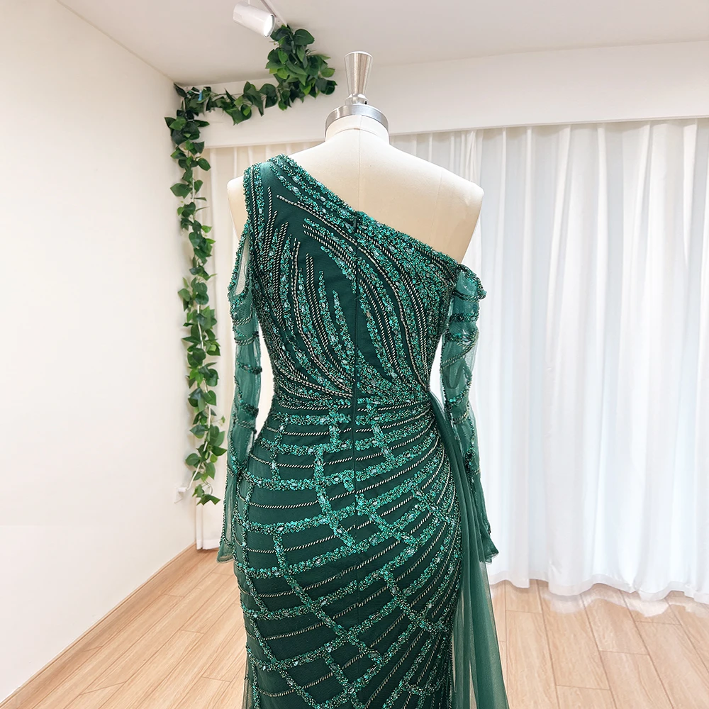 Elegant Emerald Green One Shoulder Mermaid Evening Dress with Overskirt 2023 Luxury Dubai ArabicLong Sleeves Wedding Party Gown