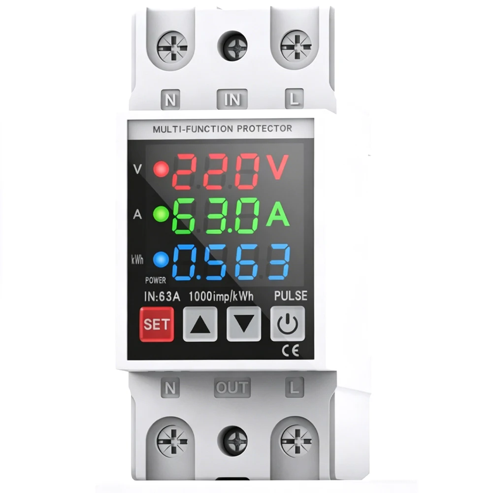 Digital Three Display Metering Timer Protector 63A Over Under Voltage Protection Device With Adjustable For Reset For DIN Rail E