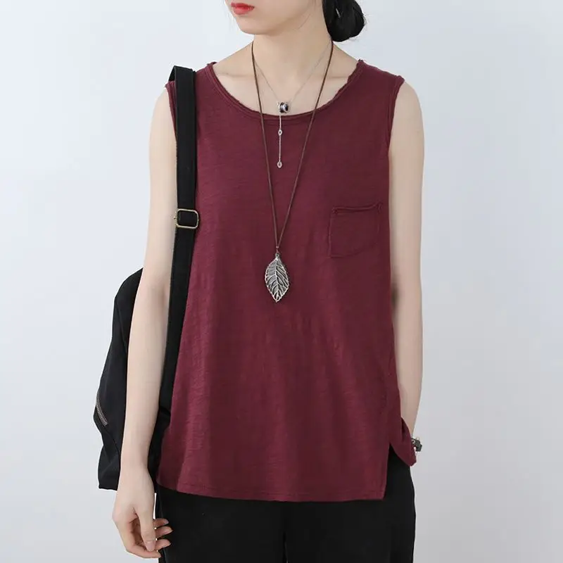 Fashion O-Neck Spliced Pockets All-match Sleeveless Blouse Female Clothing 2023 Summer New Casual Pullovers Loose Korean Shirt