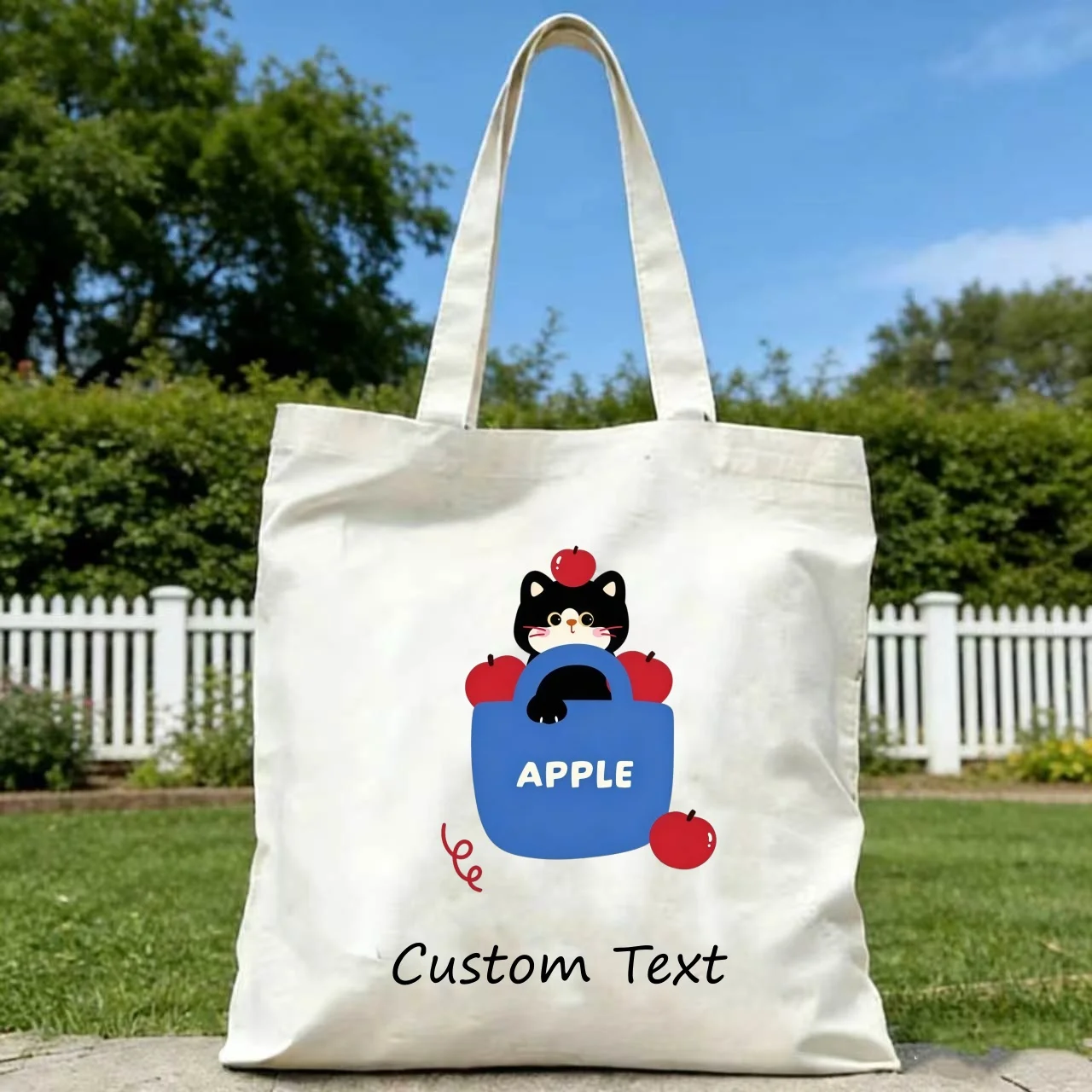 1PC Custom Canvas Tote Bag Cute Black Cat In Apple Basket Print Custom Text Eco Reusable Shopping Shoulder Handbag