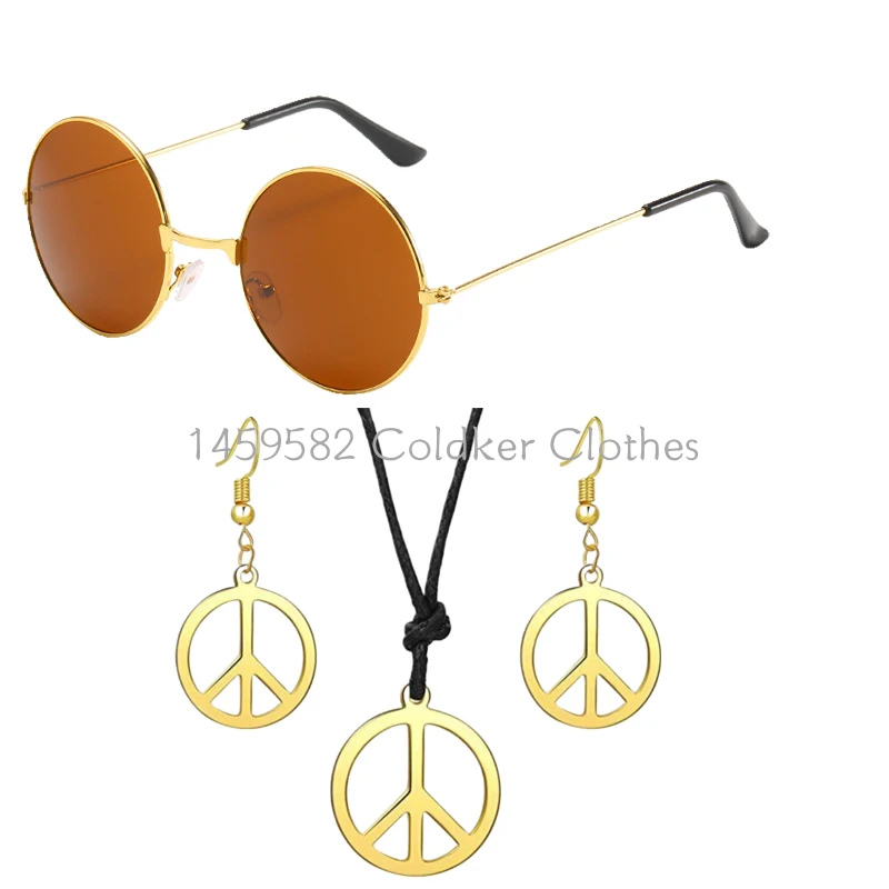 Hippie Costume Set 60's Style Circle Glasses Peace Sign Necklace Sunglasses  Earrings Hippie Party Accessories