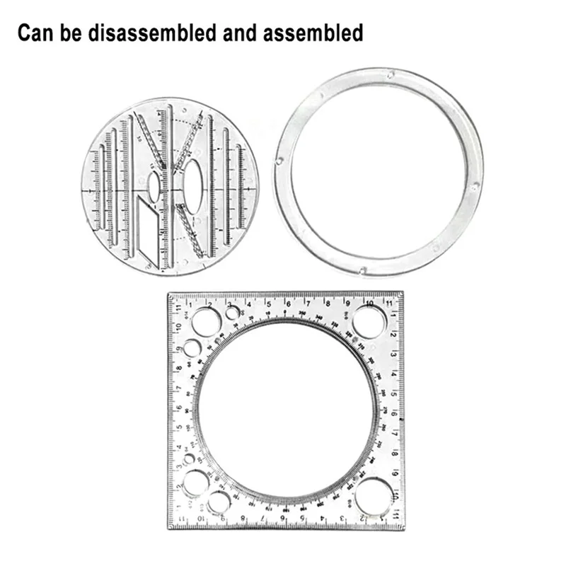 Compact 2X Multifunctional Circle Drawing Template, Geometric Drawing Tool, Measuring Ruler, Rotatable Angle