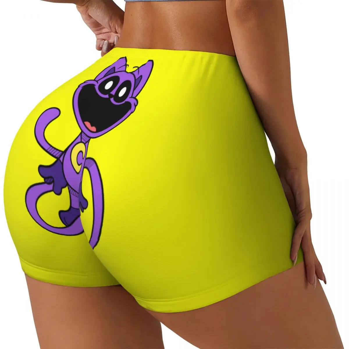 Custom Purple Smiling Big Mouth Cat Critters Workout Shorts Women Scarry Animated Game Gym Volleyball Biker Yoga Shorts