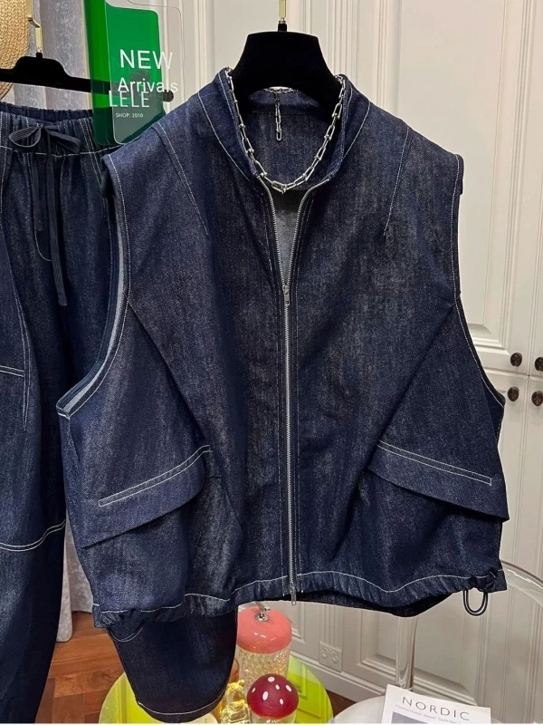 Large Size 300 Pounds Retro Workwear Vest Drawstring Waist Design Splice Stitching Men's Women's Spring Autumn Jacket