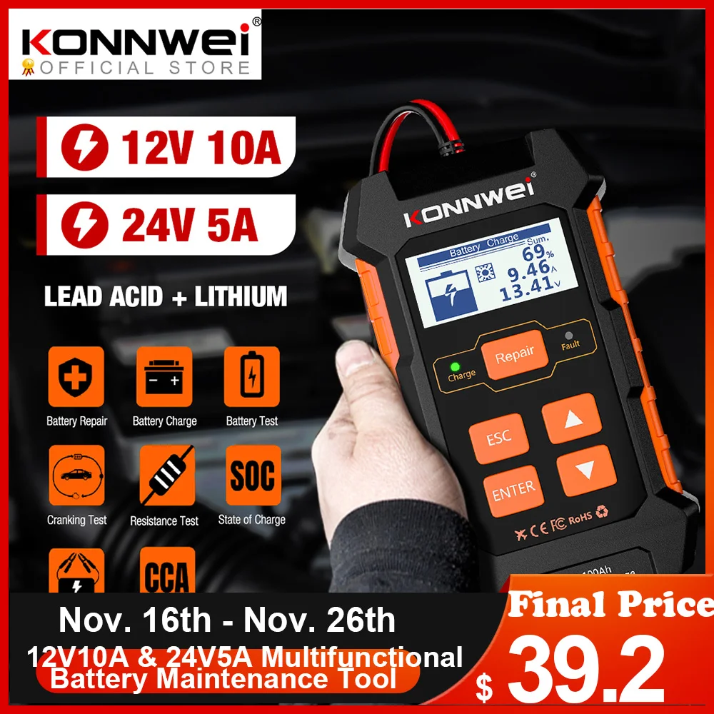 KONNWEI KW520 12V 10A 24V 5A Automatic Car Truck Battery Tester Charger Lead Acid Car Battery Pulse Repair Tool AGM Gel Lithium