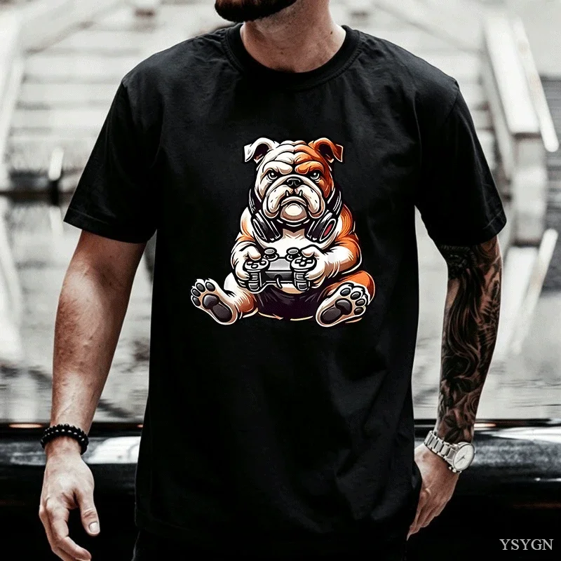 English Bulldog Dog T-shirt Funny Games Gamer T Shirt Men's Soft Breathable Cotton Tshirt Crew Neck Casual Wear Trendy Y2K