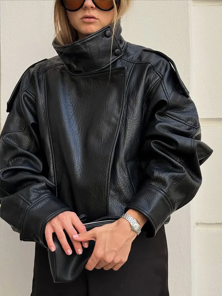 HH 2025 Autumn Women Pu Leather Jacket Vintage Solid Loose Long Sleeve Zipper Turtleneck Coat Casual Office Lady Outerwear