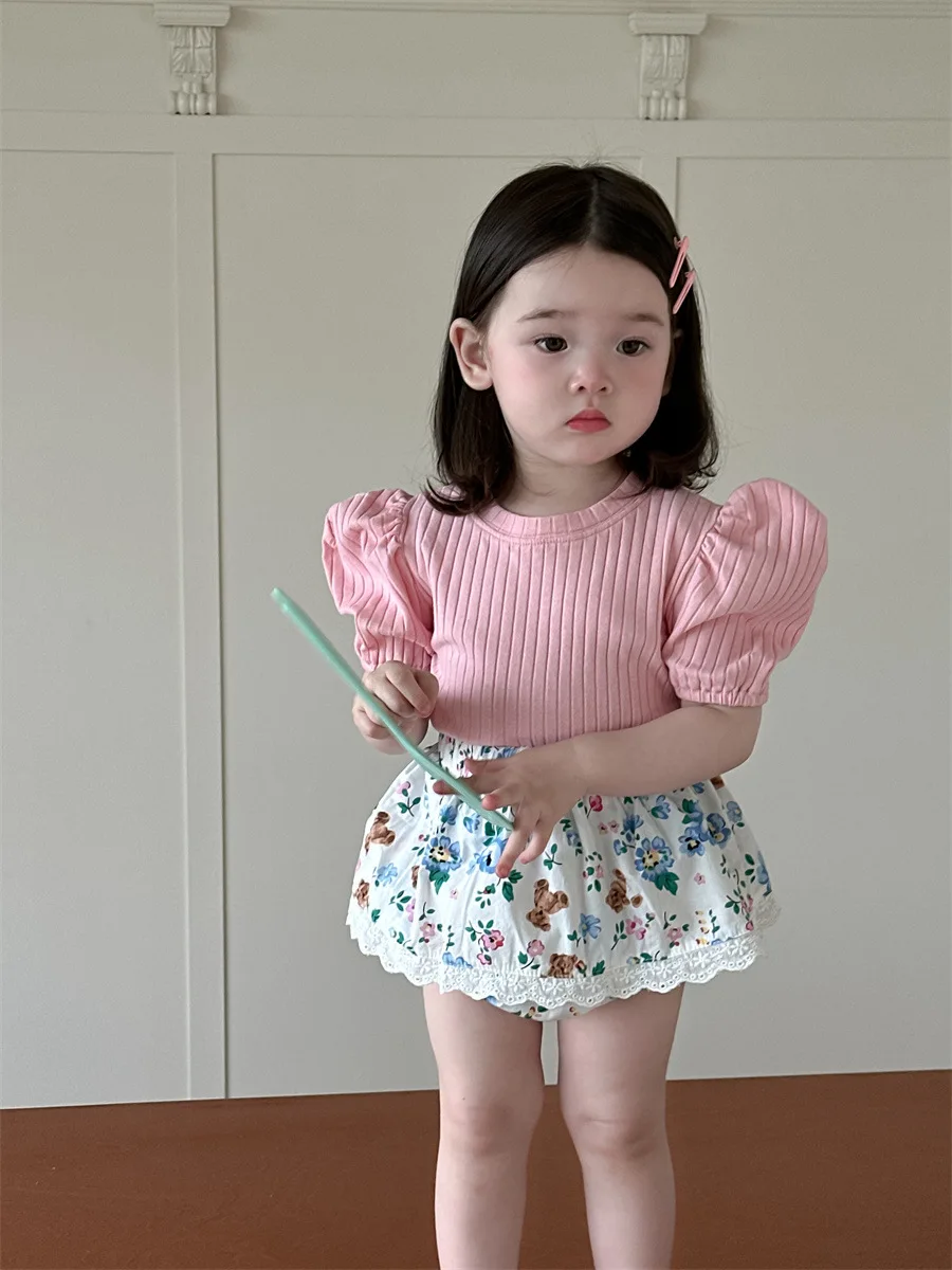 2024 Summer New Baby Girl Short Sleeve T Shirts Cute Infant Solid Tops Cotton Toddler Girl Thin Puff Sleeve Tee Baby Clothes