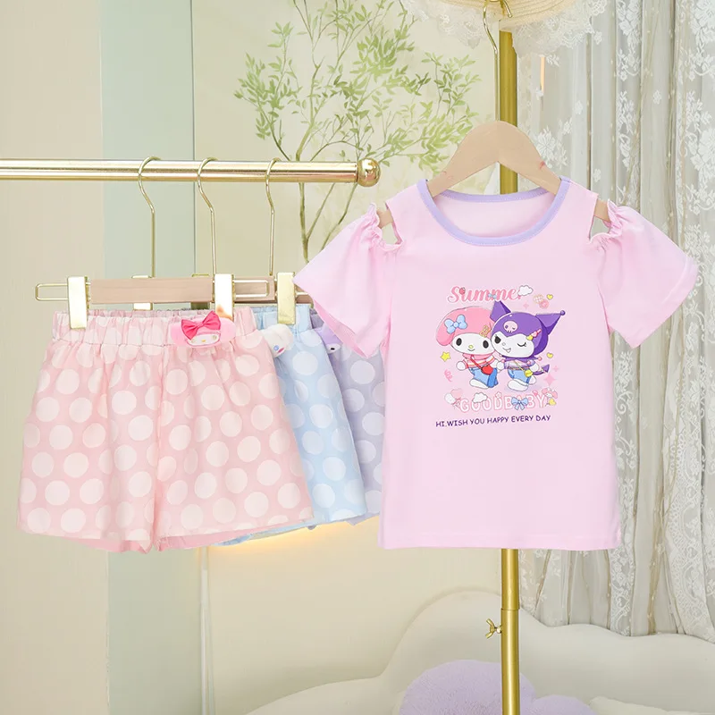 

Sanrio 2024 New Girls T-Shirt Half Sleeve Shorts Suit Summer Pure Cotton Casual Fashion Sports Cartoon Kuromi My Melody