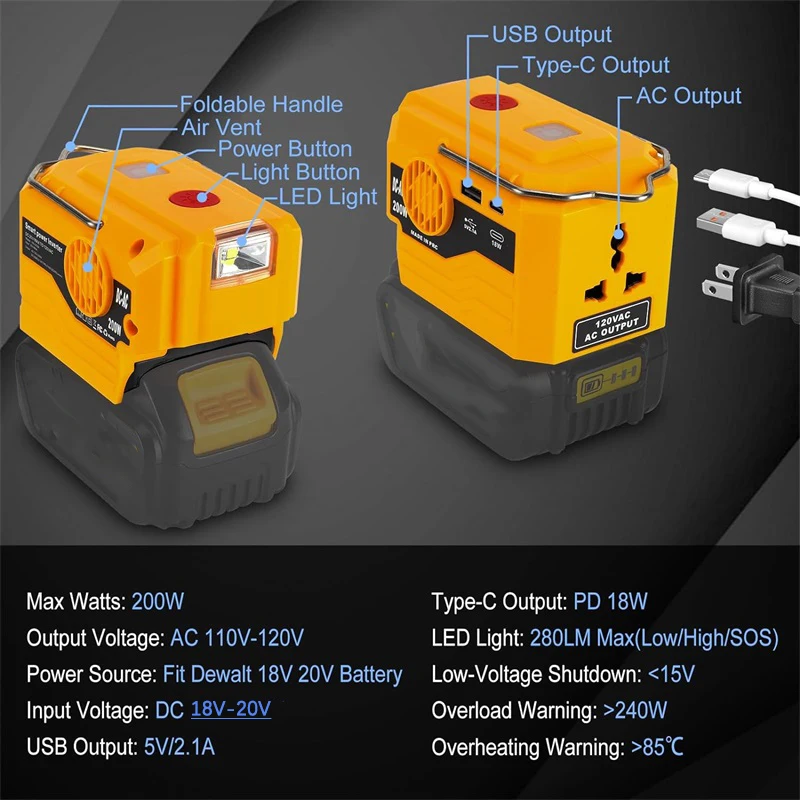 200W Power Inverter Generator for Dewalt 18V 20V Battery, Portable DC 20V to AC 120V/220V Adapter with USB&Type-C Port,LED Light