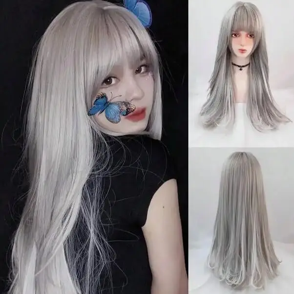 

Women Long Synthetic Lolita Wig Gray Highlight Hanging Ear Dyeing Micro-Volume Wavy Cosplay Wigs