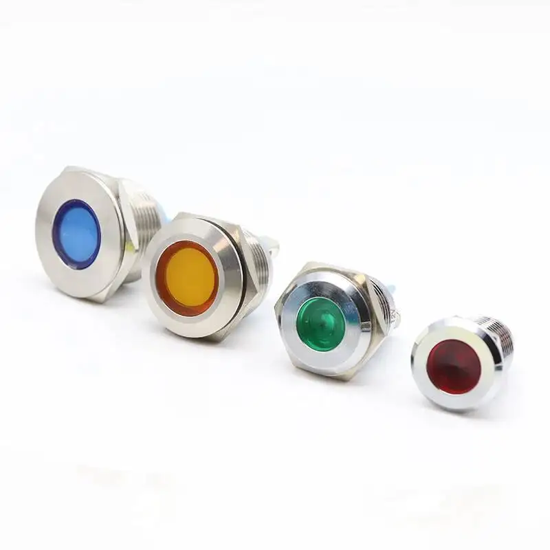 12/16/19/22mm Lampu Indikator LED Logam Lampu Peringatan Daya Tahan Air Tombol Merah Hijau Kuning Biru Putih 3-6V 12-24V 220V