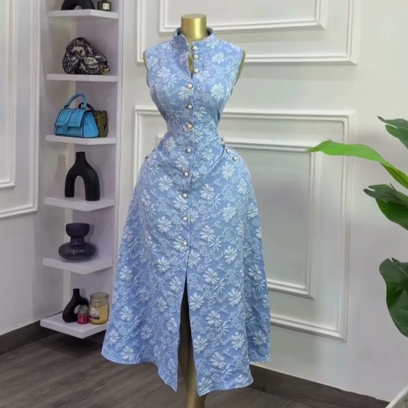 Damen Langes Kleid Vestidos Y2k Streetwear Stehkragen Ärmellos Tailliert Figurbetont Elegant Party Arbeit 2026 Sommer
