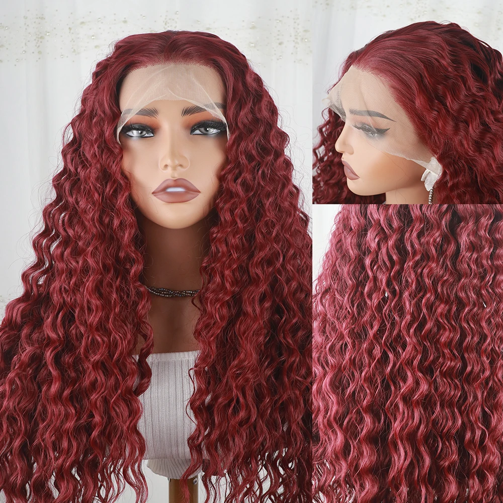 13*4Lace Front Deep Wave wig Wine Red180Density Natural Curly synthetic Elegant Curly realistic wigs High Quality Heat Resistant