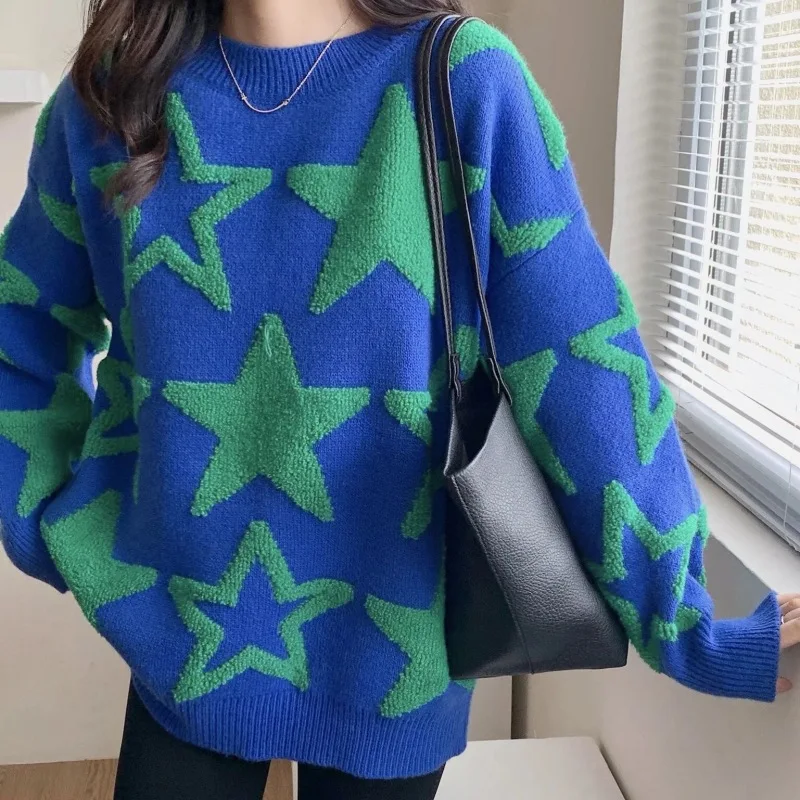 

Japanese Retro Sweater Women's Autumn and Winter New Style Contrasting Loose and Lazy Style Knitted Round Neck Pullover Top