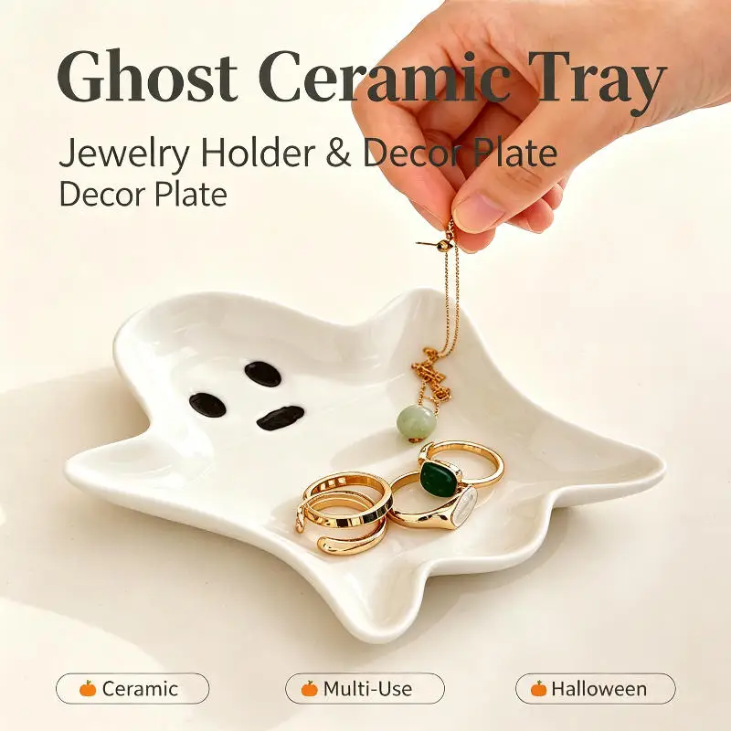 Nordic Cute Ghost Ceramic White Alien Plate Creative Jewelry Necklace Ring Tray Halloween Kitchen Counter Utensil Holder