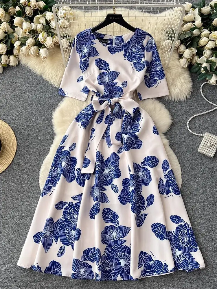 Summer Elegant OL Half Sleeve Blue And White Porcelain Printed Dress Women\'s Lace Up Belt Zipper Pocket Long Party Vestidos