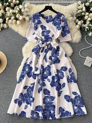 Summer Elegant OL Half Sleeve Blue And White Porcelain Printed Dress Women's Lace Up Belt Zipper Pocket Long Party Vestidos