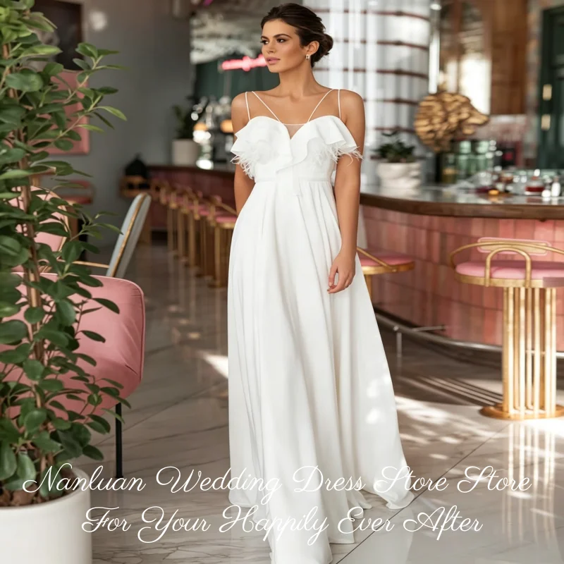 Elegant Ruffle Feather Chiffon A Line Wedding Dress Spaghetti Strap Vestidos de Novia Customized