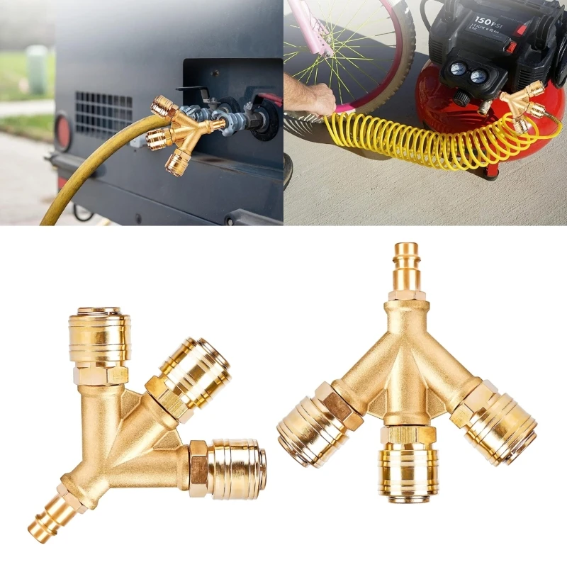 Upgraded Compressed Air Distributor 3-Way with Couplings 1/4Inch Air Hose Quick Coupling Distributor Brass Compresser A0KF