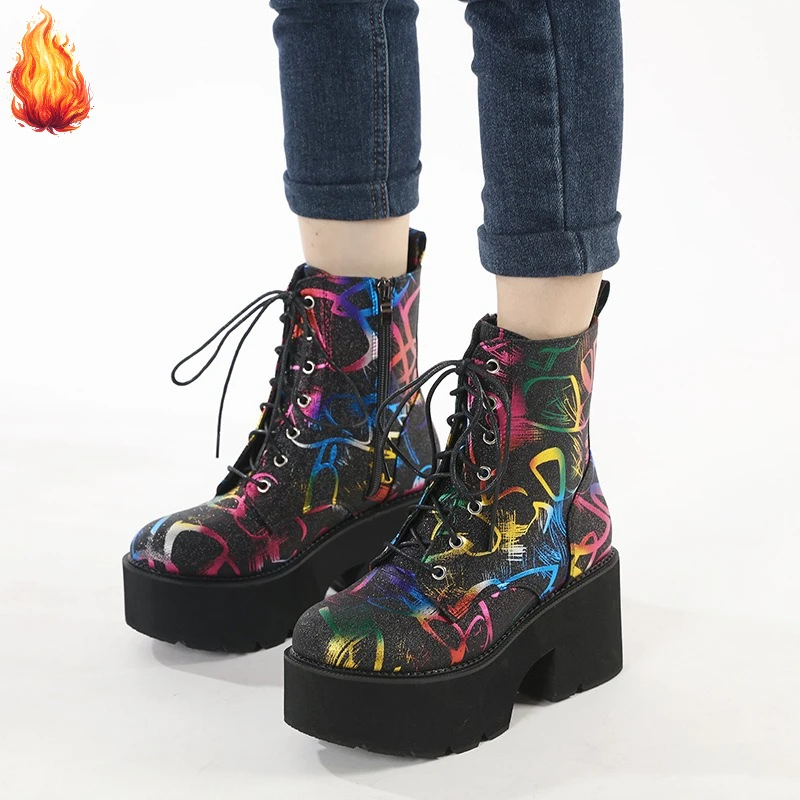 Autumn Winter New Women Ankle Boots Fashion Color Stripes Round Toe Plush Short Boots Zipper Coarse Heel Casual Platform Shoes