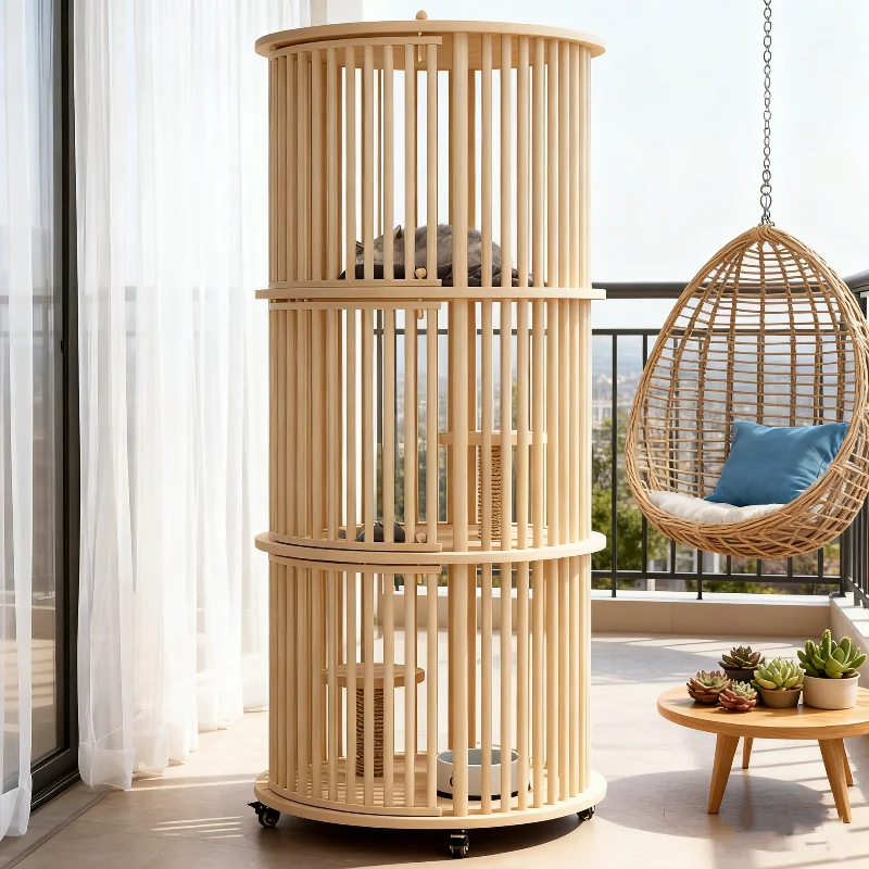 

Круглая многоуровневая лежанка-башня для кошек из соснового дерева на колесиках для сна, игр и когтеточек