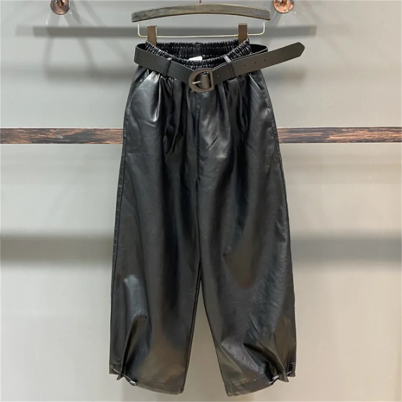 

Autumn and Winter black pu leather casual pants high waist loose show thin straight leather pants women wide leg pants