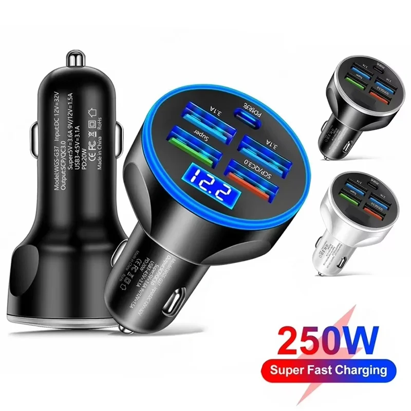Carregador de carro 250W com 5 portas, carregamento rápido USB C, adaptador tipo C com visor digital LED para iPhone, Huawei, Xiaomi