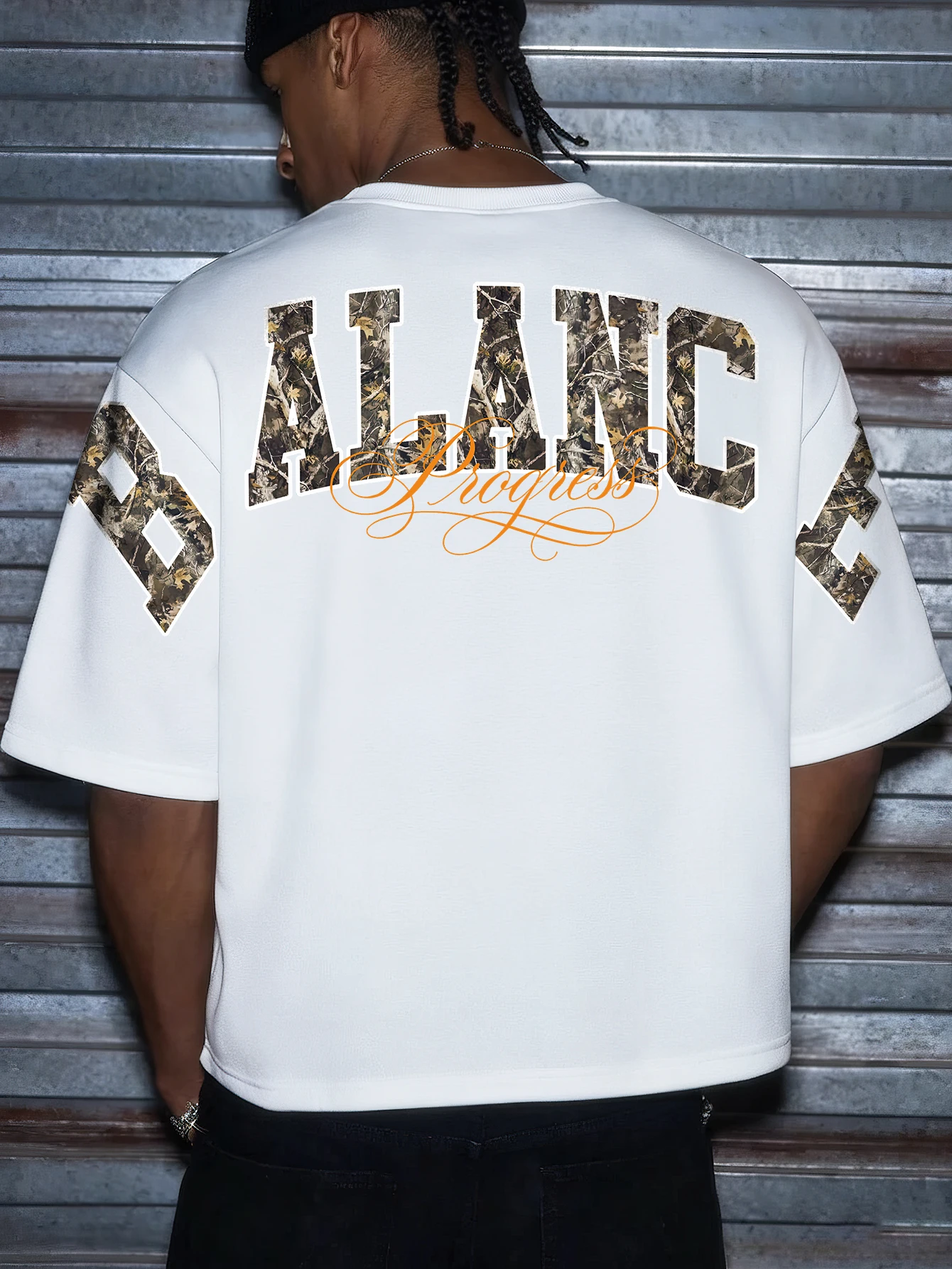 Men's Streetwear T-Shirt Camo Varsity Letter Back Print Cotton White Crew Neck Short Sleeve Tee S-2XL All Size 1Pc