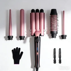 5 in 1 Hair Curlers Set with Curling Brush, 0.35”-1.25” Hair Curler Wand for Hairstyle and Heat Resistant Gloves and Hair Clip