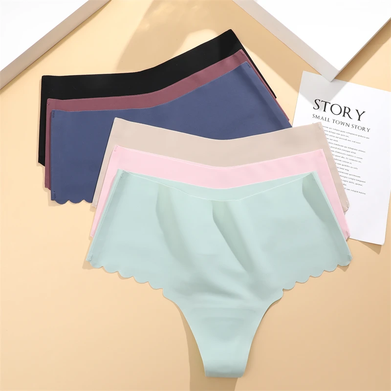 FINETOO 3PCS Seamless Ruffles Women\'s Panties Sexy Ice Silk High Waist Thongs Female Comfortable Stretch G-string Lingerie S-XXL