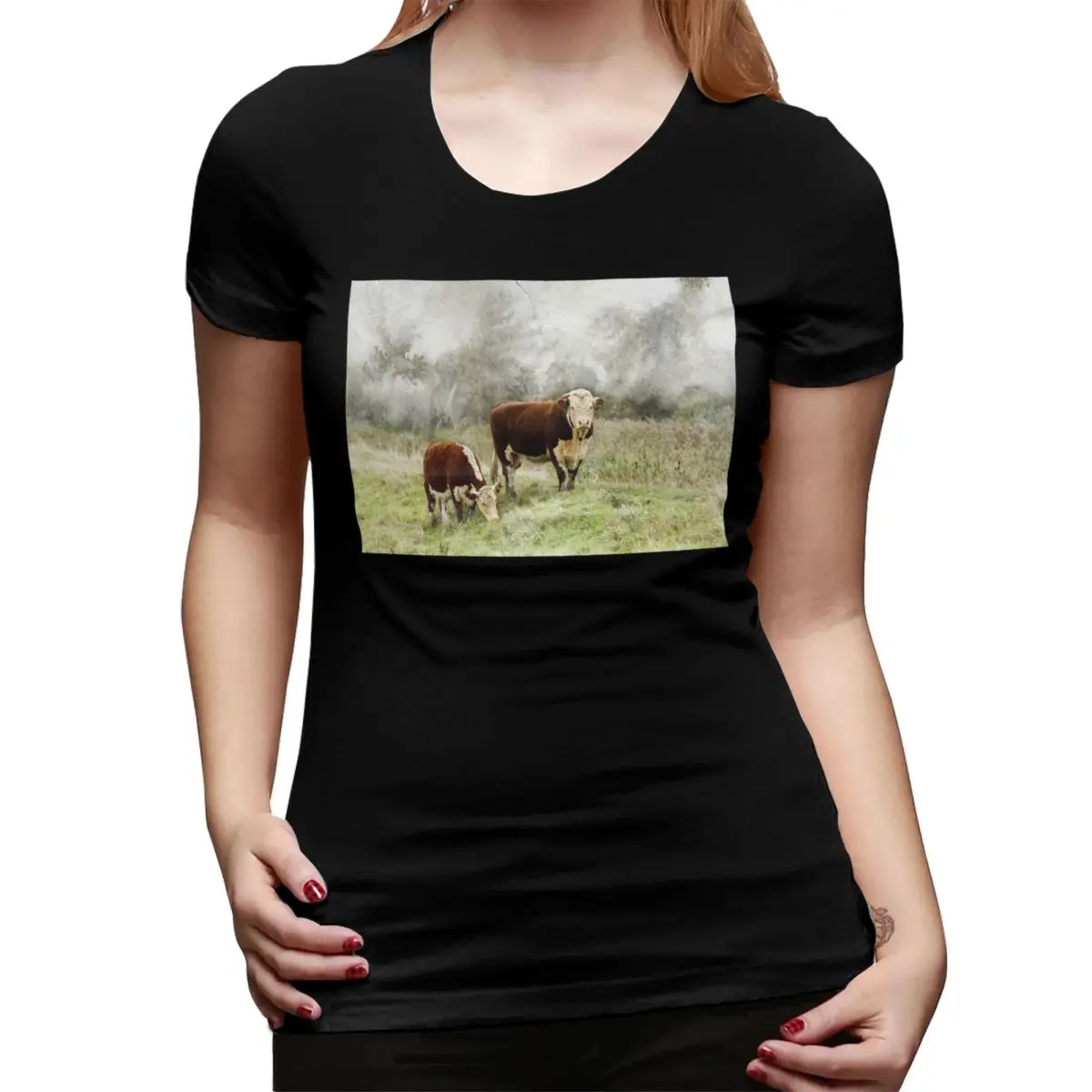 Hereford touro e vaca aquarela fotografia camiseta para mulher em torno do pescoço streetwear t camisas femininas roupas curtas topos