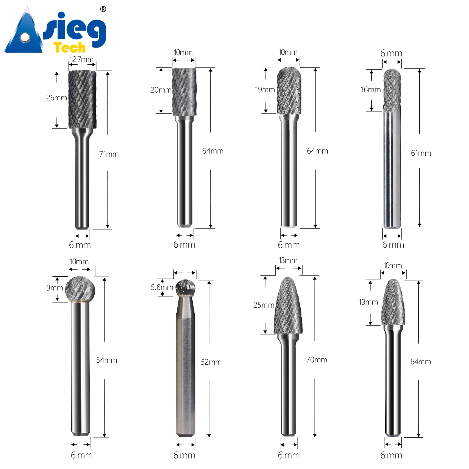 8pcs Carbide Burr Set Die Grinder Bits Rotary Files 6mm Shank for Grinding Wood Metal Fits Dremel Reamer Tools