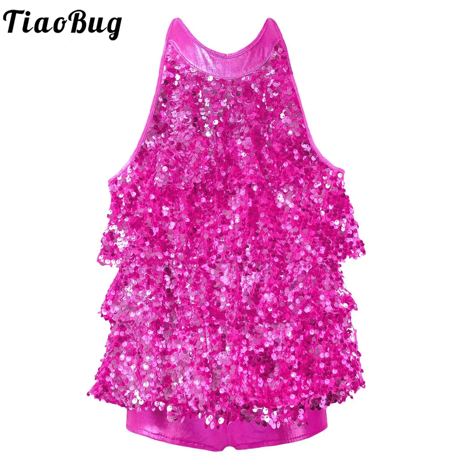 

Tiaobug Kids Girls Rose Pure Halter Backless Shiny Sequins Mesh Ballet Dance Dress Modern Jazz Latin Dancing Stage Show Costumes