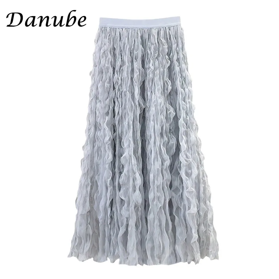 Vintage Irregular Wavy Pleated Tulle Long Skirts Women Summer Korean High Waist Tutu A-Line Skirt Female Lady Aesthetic Faldas