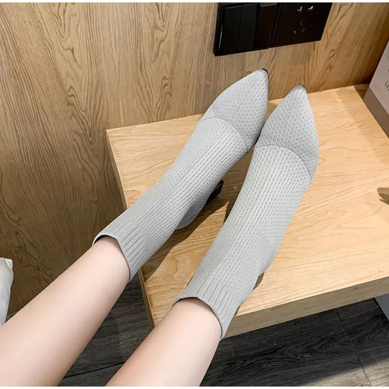 Women Socks Ankle Boots Kintting Ladies High Heels Ladies Winter Stretch Fabric Pointed Toe Shoes Fashion Female Footwear 2023