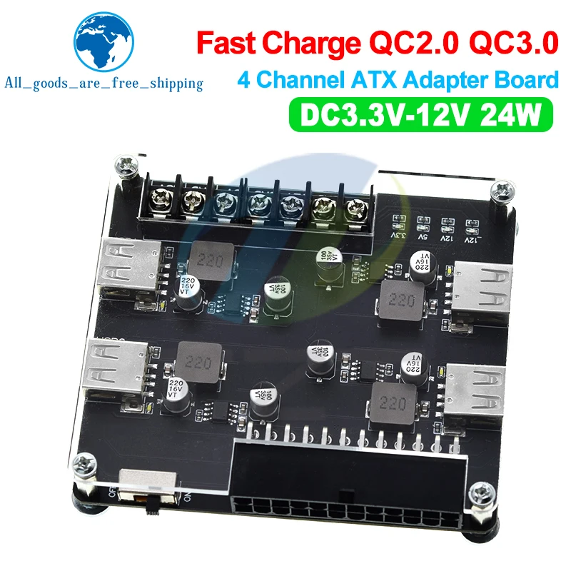 TZT QC3.0 QC2.0 ATX Power Supply Breakout Board Acrylic Case Set DC3.3-12V 24Pin 12Pins USB ATX Adapter Module Power Connector 