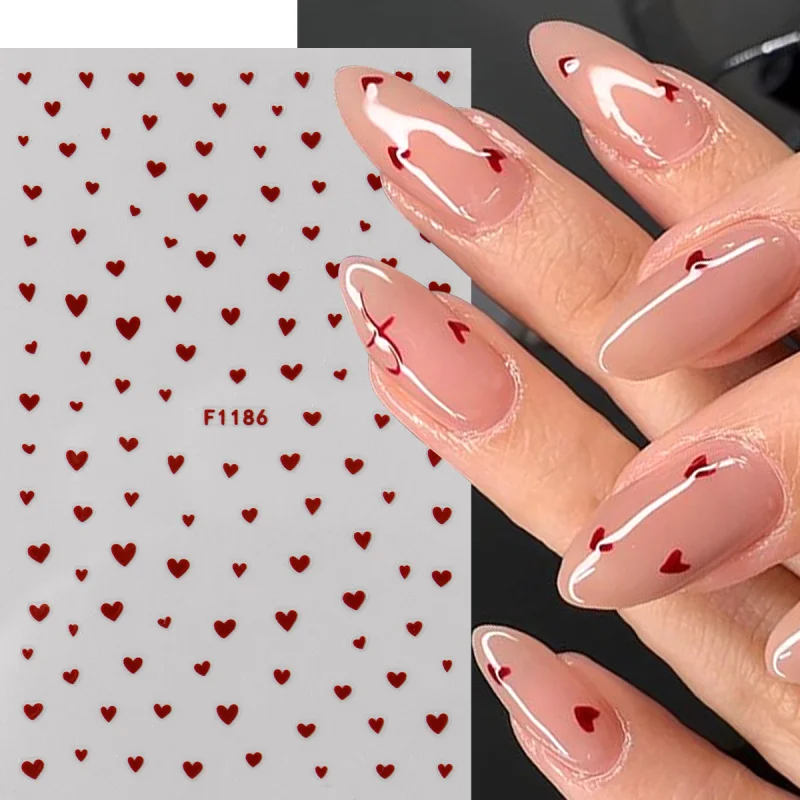 ملصقات أظافر لامعة لعيد الحب مختلطة باللون الأحمر والوردي على شكل قلب الحب، شارات لاصقة لطيفة على شكل قلب صغير لإكسسوارات ديكور الأظافر