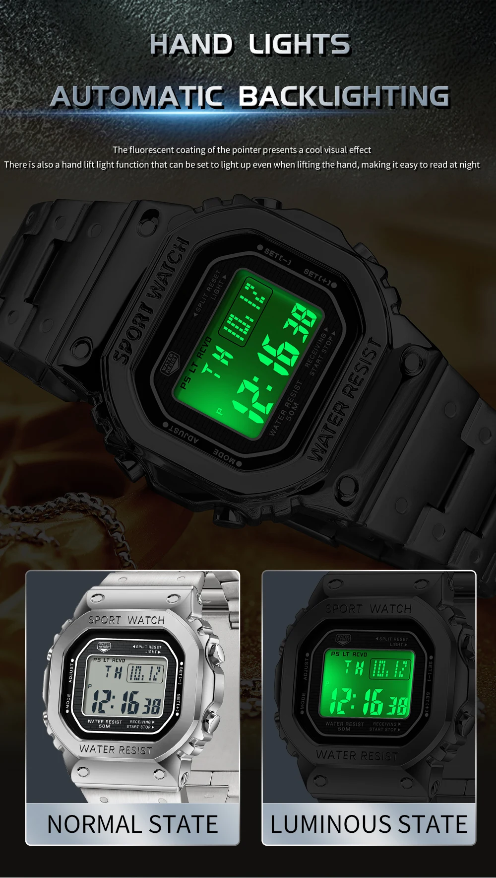 SANDA 2162 Mode Vierkant Heren Elektronisch Horloge Sport Multifunctioneel Waterdicht LED Countdown Heren Elektronisch Horloge Alarm