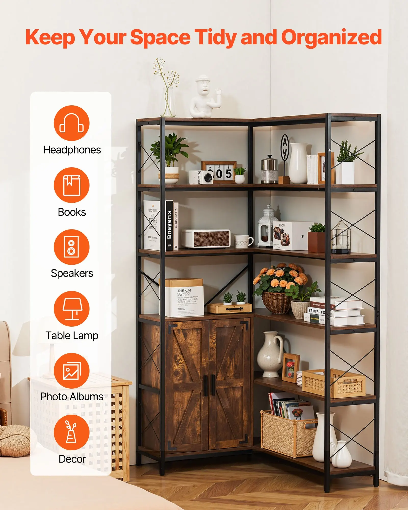 

6 Tier Corner Bookshelf, 70" Tall Corner Bookcase With Storage Cabinet, 2 Barn Doors & 10 Storage Shelves, Farmhouse L Shaped Corner Display Shelf For Bedroom, Living Room, Office