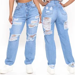 2024 Summer New Arrival Sexy Hole Ripped Boyfriend Jeans Women Fashion High Waisted Loose Casual Wide Leg Denim Pants Trousers