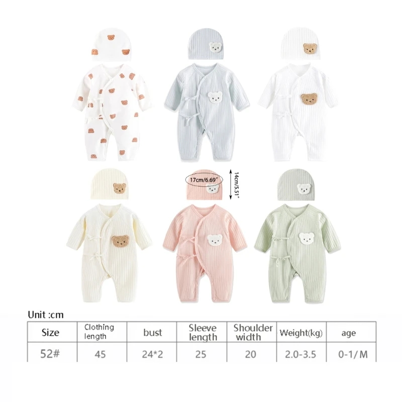 Breathable Newborn Bear Jumpsuit Hospital Hat Spring Outfit Long Sleeves Bodysuits for Baby Girls Boys Unisex Coveralls Q81A