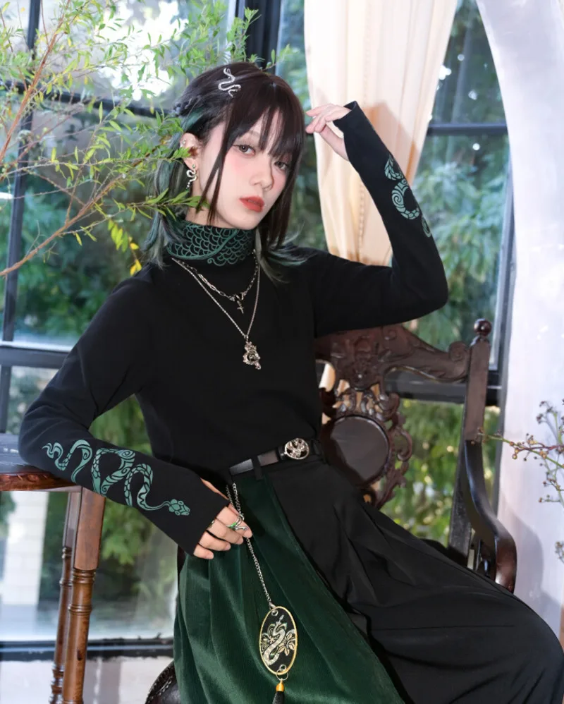 New Chinese Style Snake Pattern High Neck Printing Base Layer Tops Women Hoodie Fiesta Carnival Halloween Cos Cosplay