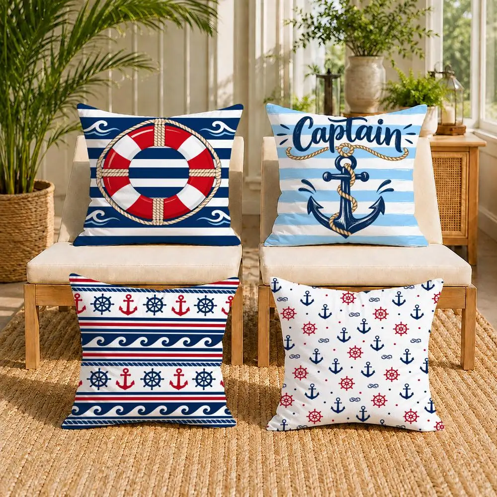 Striped Navy Anchor Cushion Cover Double-Sided Plush Sofa Pillow Cases Organic Breathable Invisible Zipper