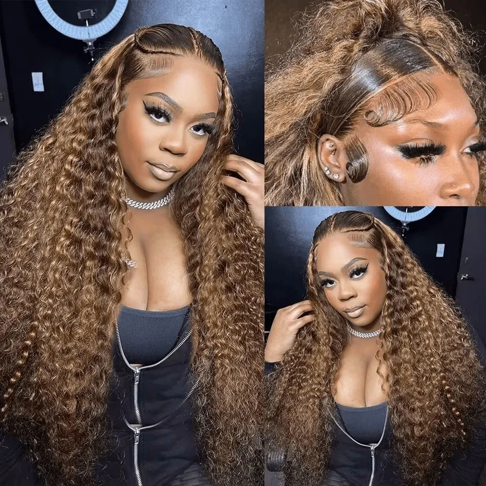 13×4 HD透明ハイライトウィッグ人毛4/27レースフロントウィッグ女性用巻き毛人毛ウィッグディープウェーブレースフロントウィッグ